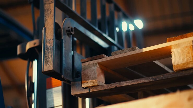 Primo piano di un pallet di legno su un carrello elevatore in un magazzino
