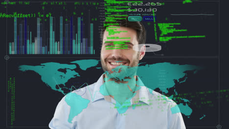 Animación-Del-Procesamiento-De-Datos-Con-Mapa-Mundial-Sobre-Un-Hombre-Caucásico-De-Fondo-Negro