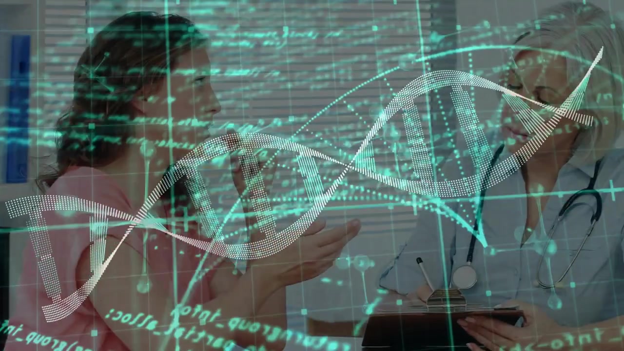 Doctor Consulting with Patient in Medical Office with DNA Overlay