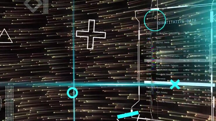 Partikelbølge igangsætter HUD-panel, fejende cyan stråle halverer glyffer, der glitcher og viser dataflow