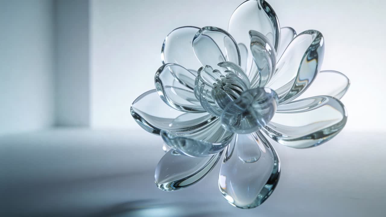 Vertical video: Rotation starting clear glass flower tilting on studio set, showing petals