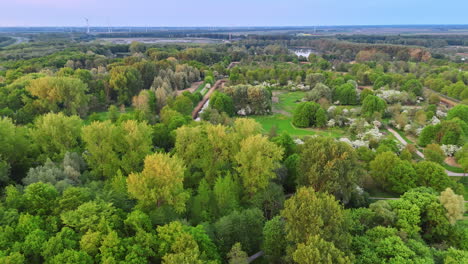 sunset over green dutch fields. aerial view showcasing a vibrant mix of greenery, trees, and water bodies in the netherlands at dusk