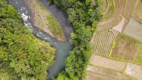 top down view on exotic winding river flows through tropical country on indonesia