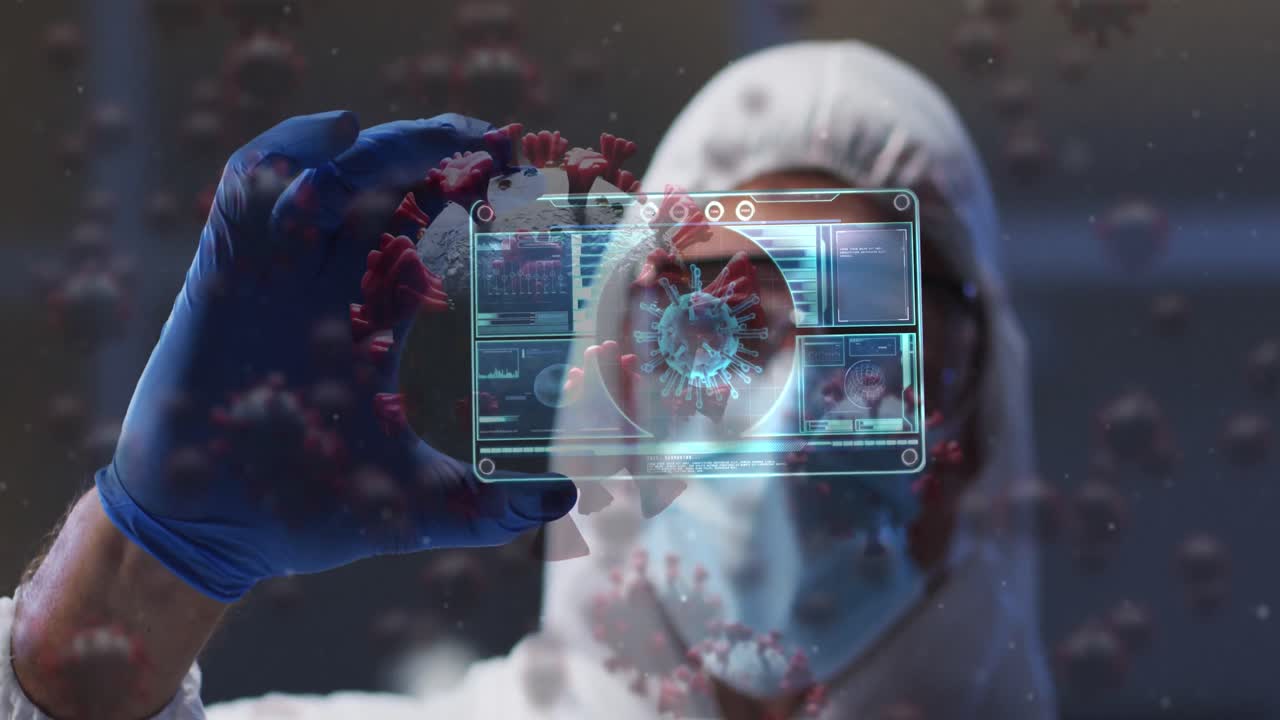 animación de células de virus e interfaz digital sobre un médico que lleva una máscara facial