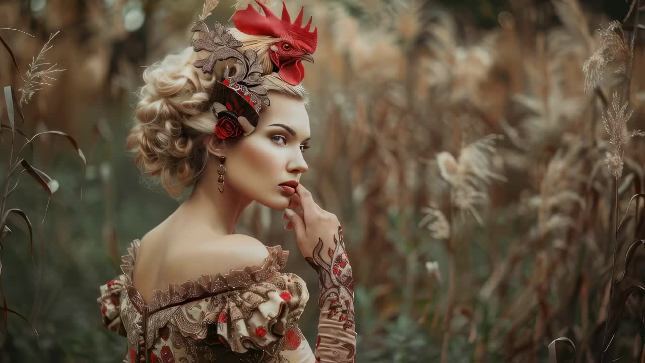 Aristocratic blonde woman with an elegant hairstyle and an elaborate headdress adorned with feathers and flowers, poses in profile and from behind in a field of dry, tall grass