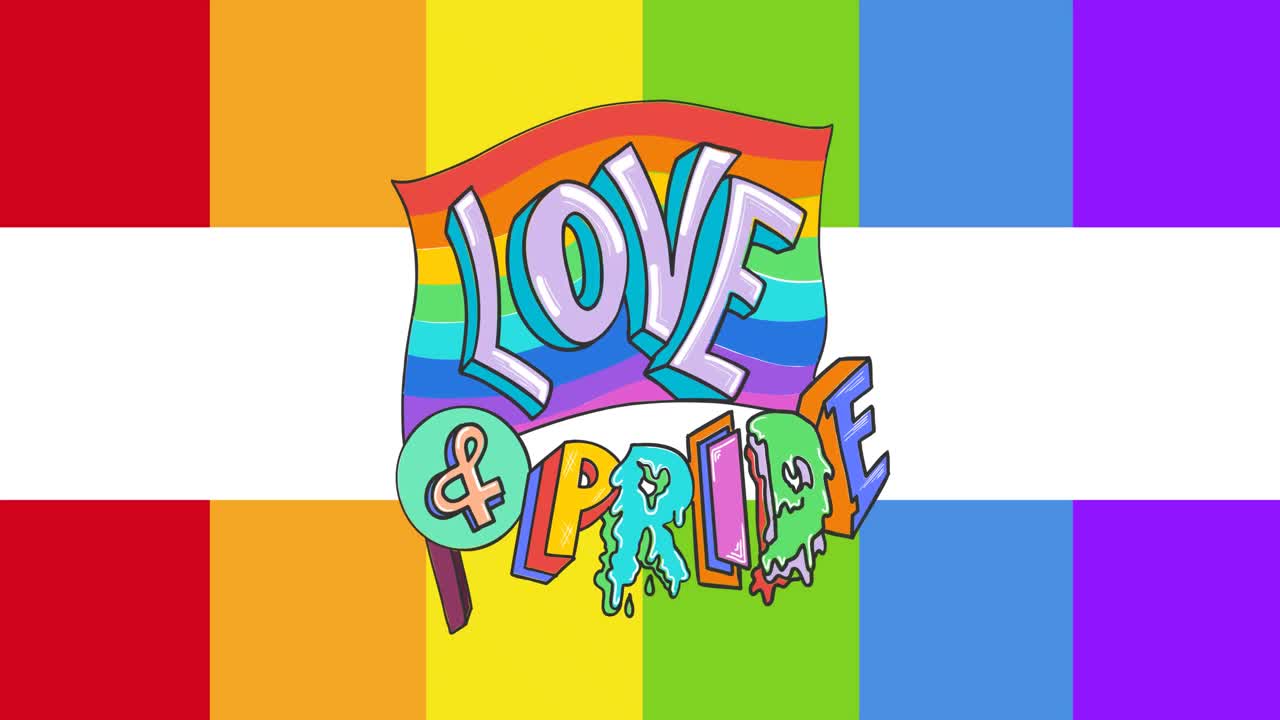 animación de amor y orgullo texto sobre rayas de arco iris