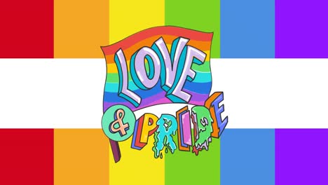 animation of love and pride text over rainbow stripes