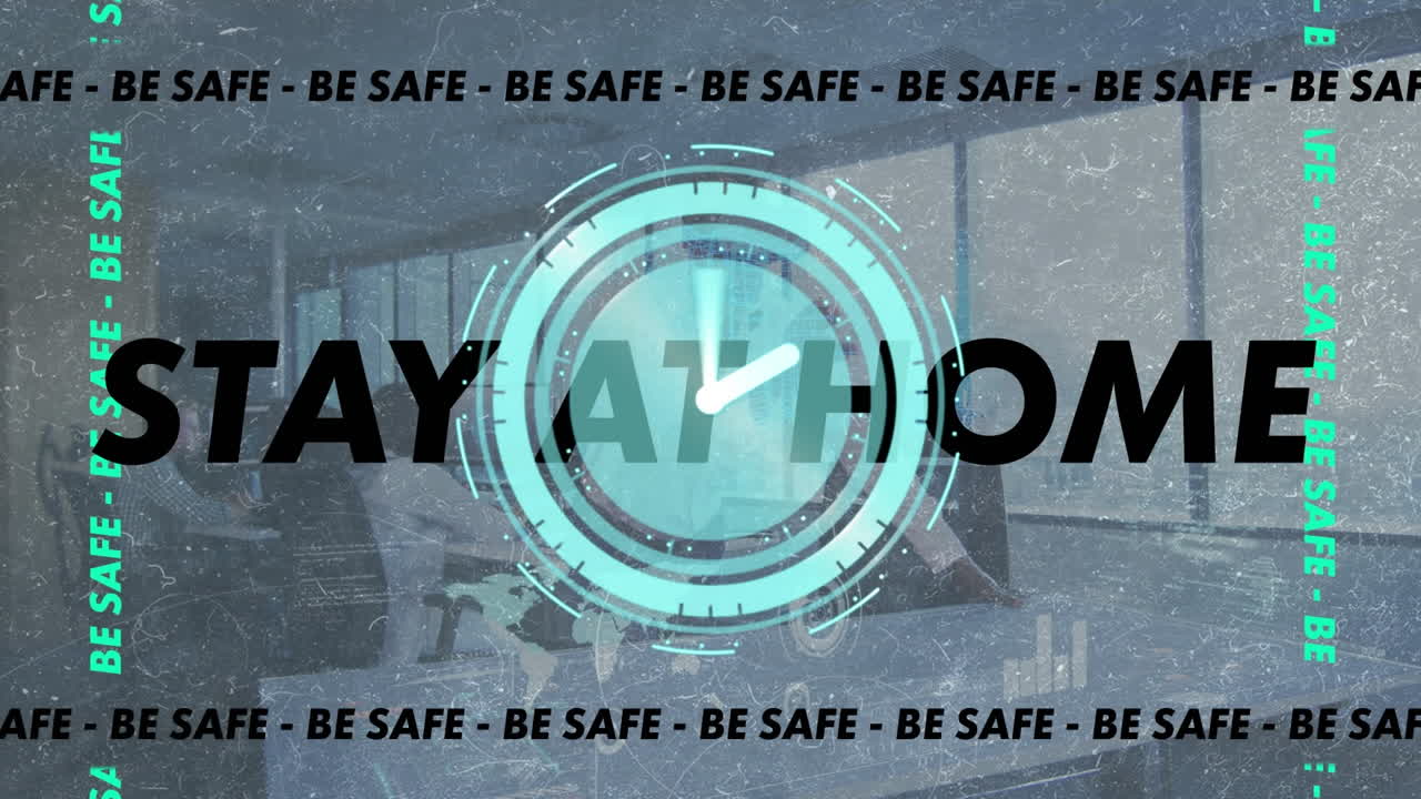 텍스트의 애니메이션 안전, 집에 머무르기, 시계에 움직이는 손, 사무실에서 남자를 통해