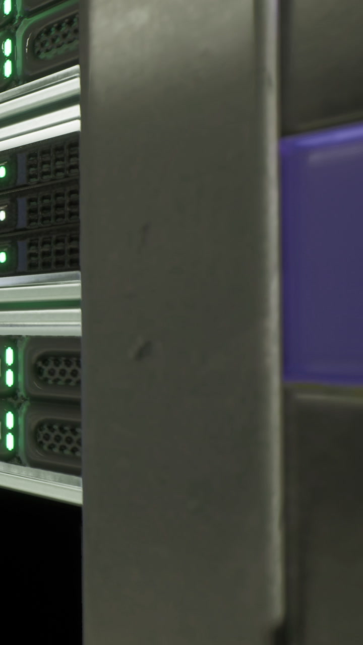 Computer server in a data center during operation at night