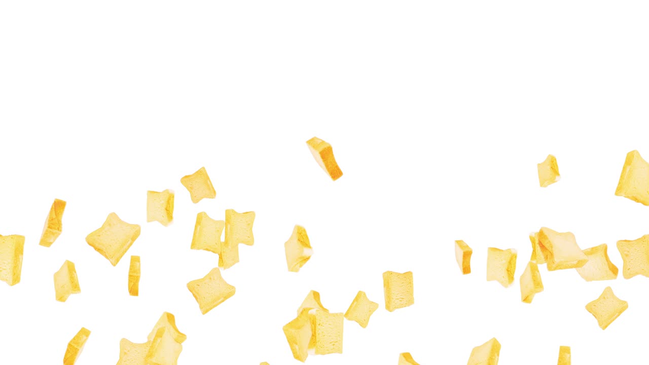 Molte fette di pane semplice che volano su sfondo bianco. Concetto di prodotti alimentari, cibo e alimentazione. Animazione 3D di una fetta di pane di grano che ruota. Animazione in loop