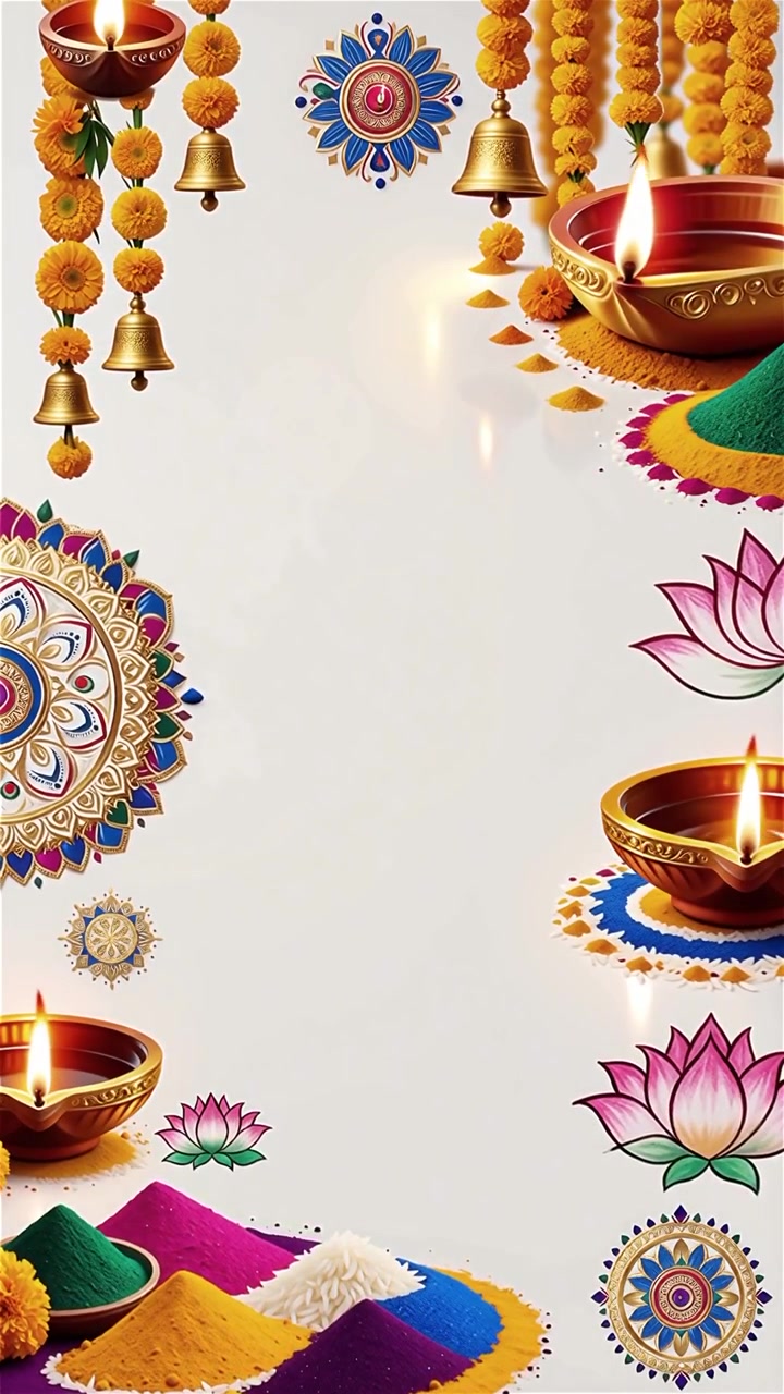 Sfondo Diwali con Diyas luminosi, Rangoli e fiori di loto