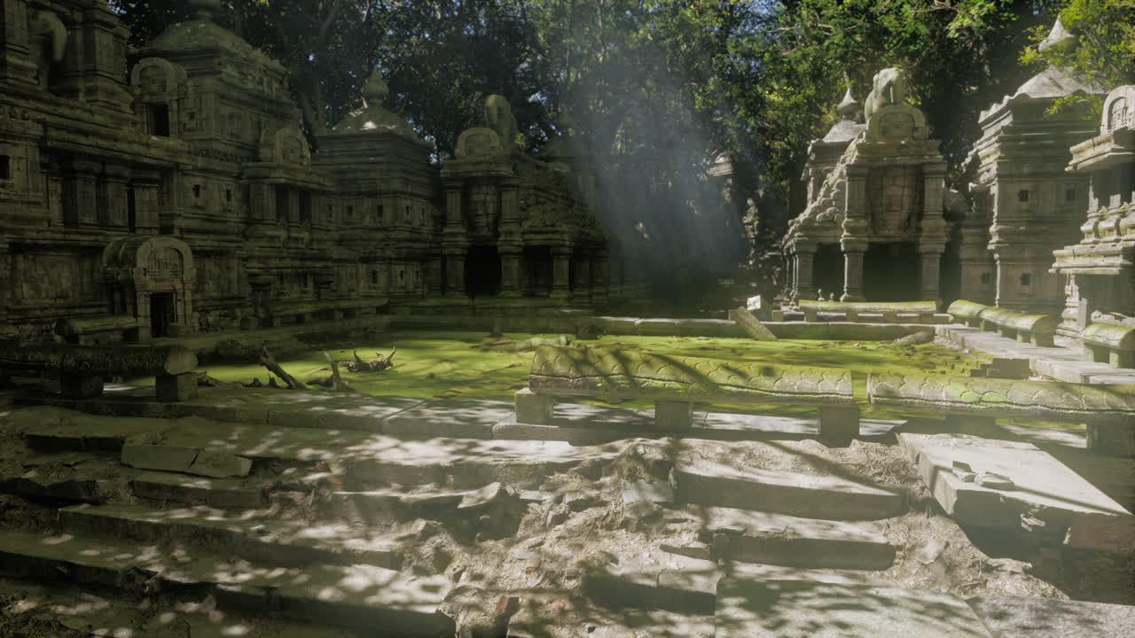 Ancient temple ruins in cambodia surrounded by lush greenery under sunlight