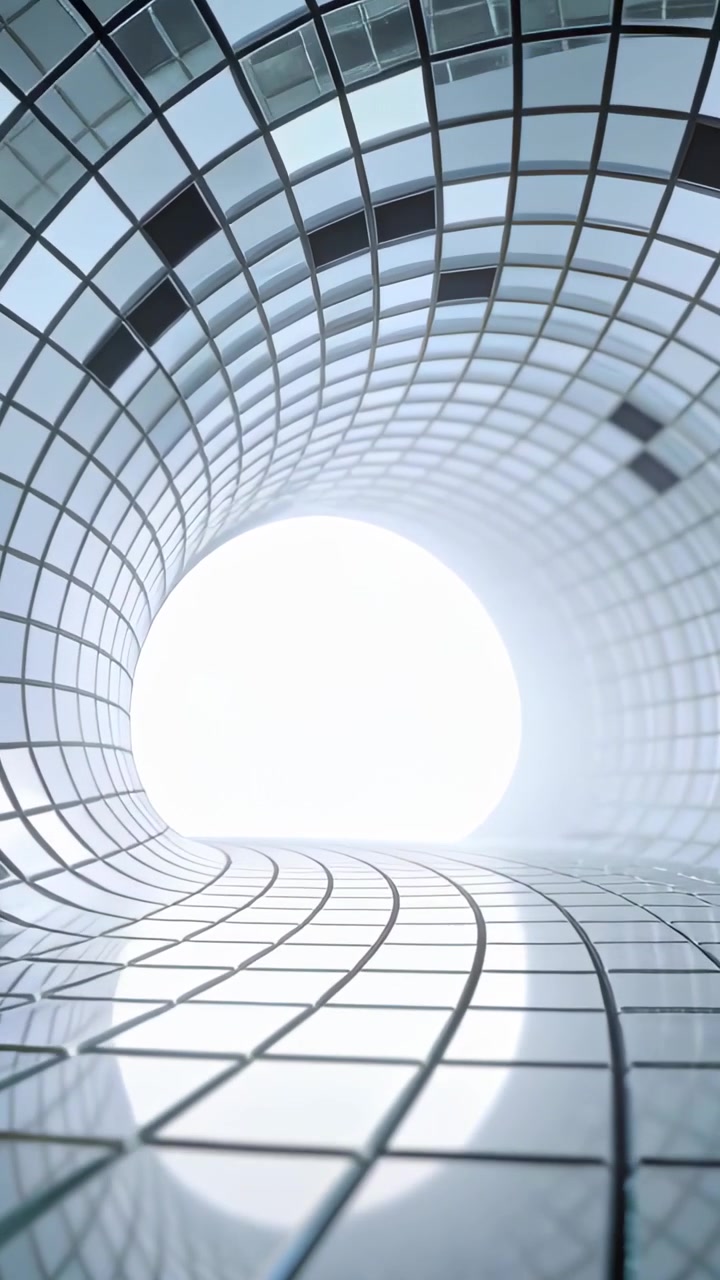 Vertical video: Moving camera from curved glass tunnel to lit opening in atrium framing grid glow
