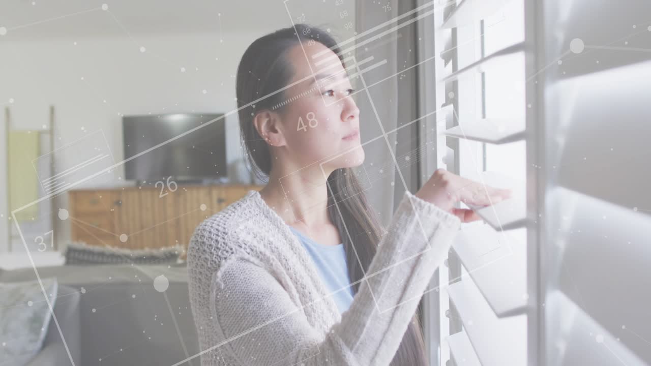 Woman sensing dim light rotating blinds letting light as overlays showing grids for home tech