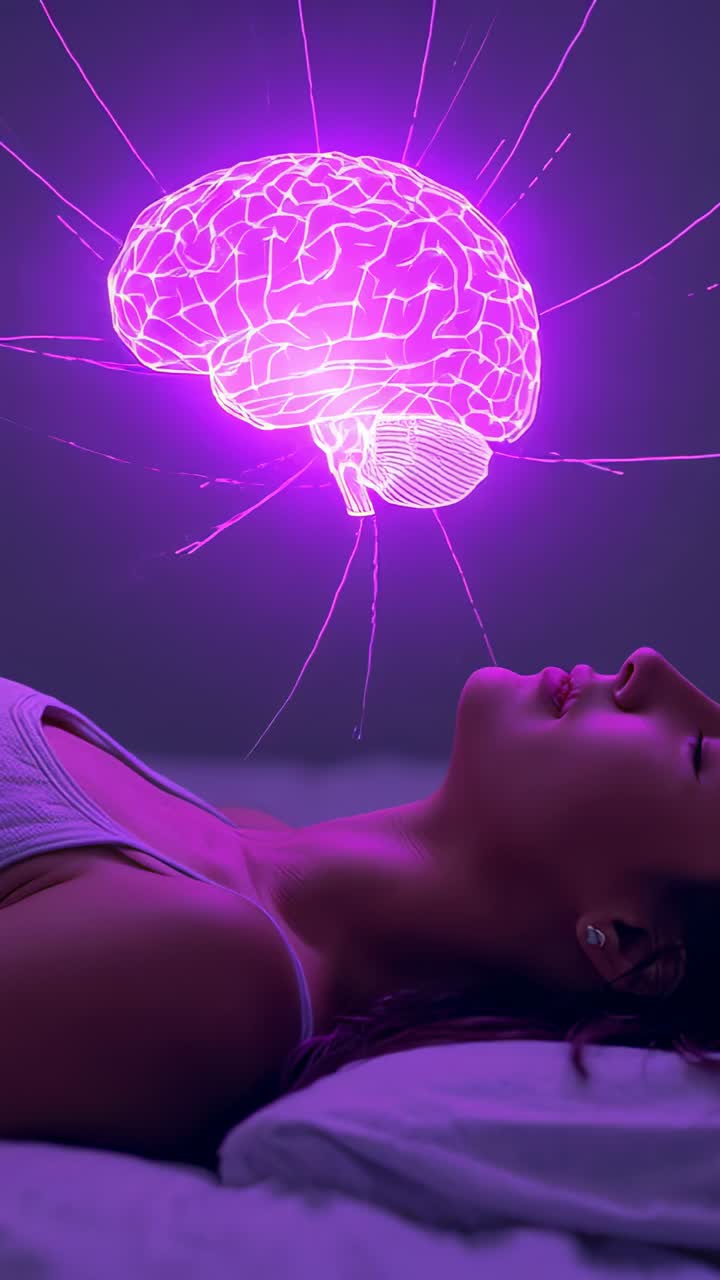 Video verticale: donna sdraiata a letto in canottiera, ologramma viola del cervello che si solleva sopra la testa, spazio per il testo