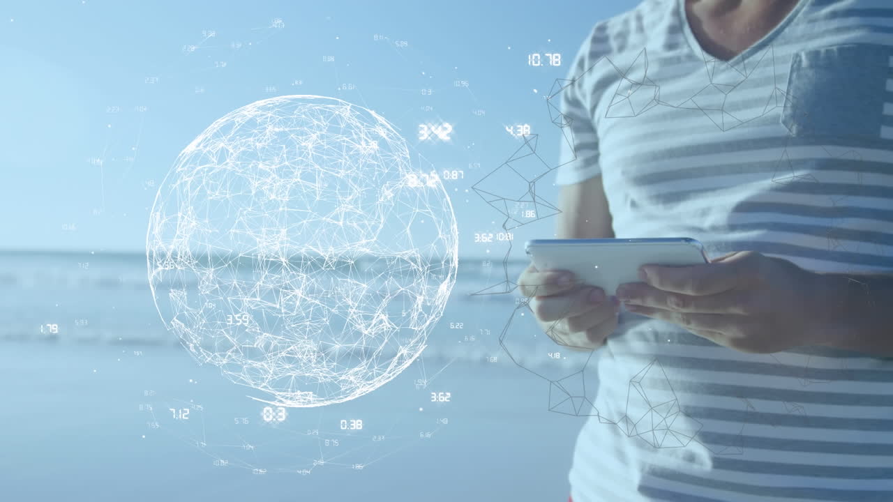 animación del procesamiento de datos y el mundo sobre la mujer utilizando el teléfono inteligente