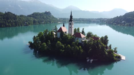 romantic bled glacier lake and island from above. footage with 4k high quality drone stock video