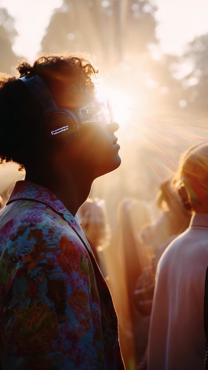 Captivating Moments at a Music Festival: An Enchanting Scene of Joy and Connection Amidst a Gorgeous Sunset Backdrop with Vibrant Colors and Enthusiastic Energy