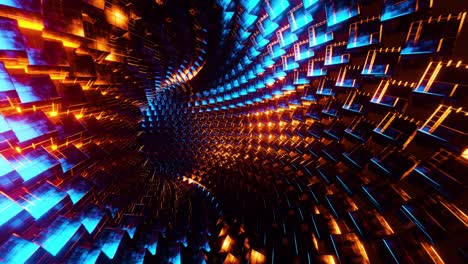 flying through a tunnel of blue and orange metal cubes. infinitely looped animation.