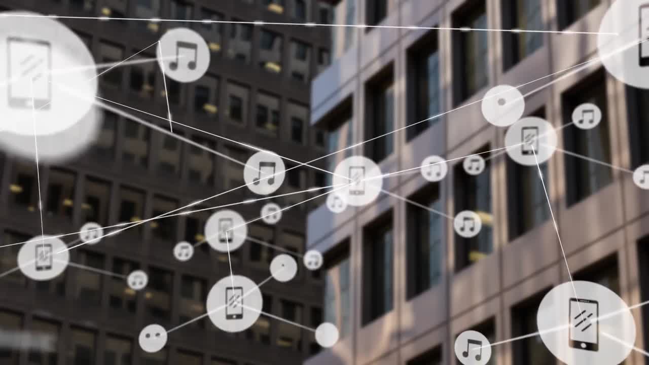 현대적인 사무실 건물 위에 아이콘으로 연결된 네트워크의 애니메이션