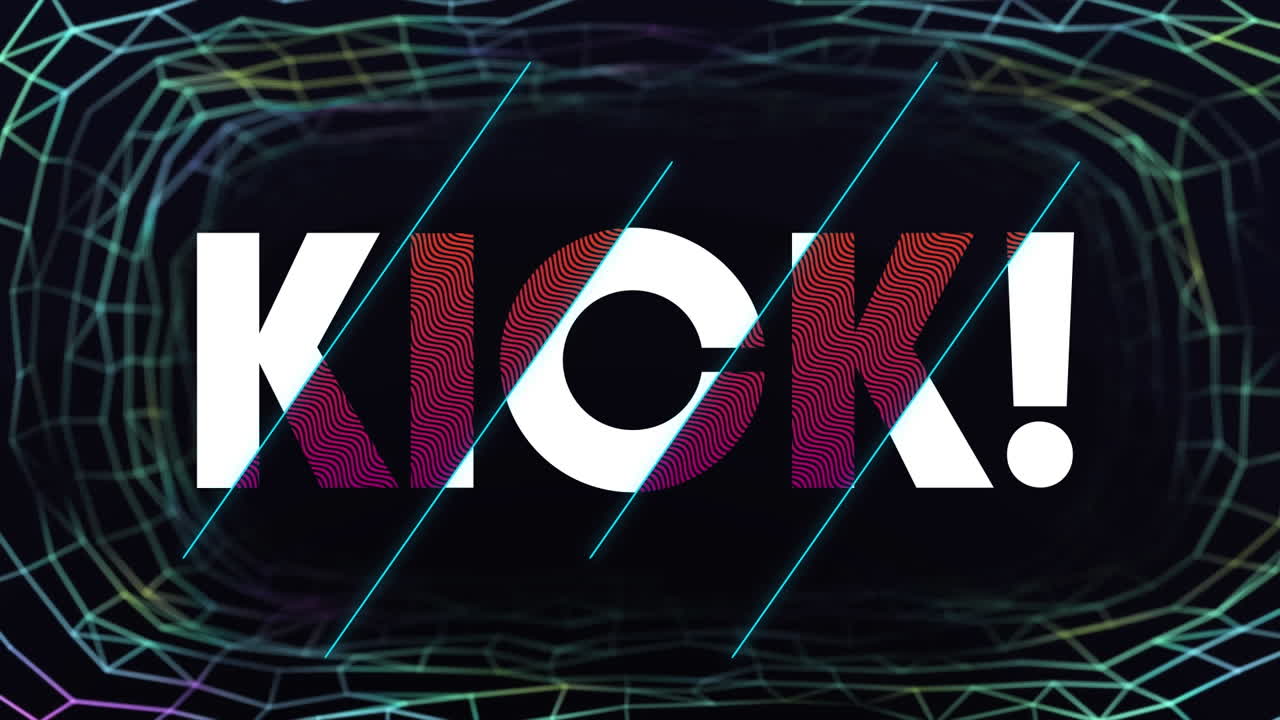 Animation of kick text in white and pink letters over network on black background