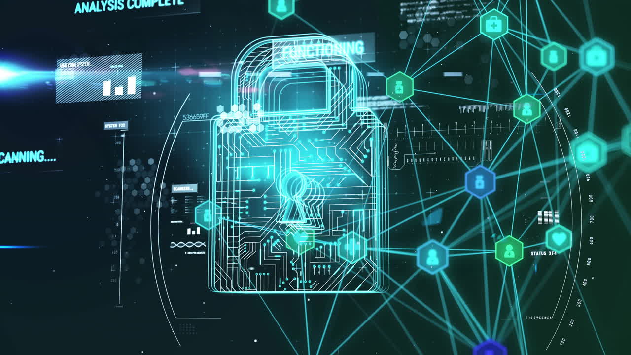 Animation of padlock icon with network of connections and data processing on black background