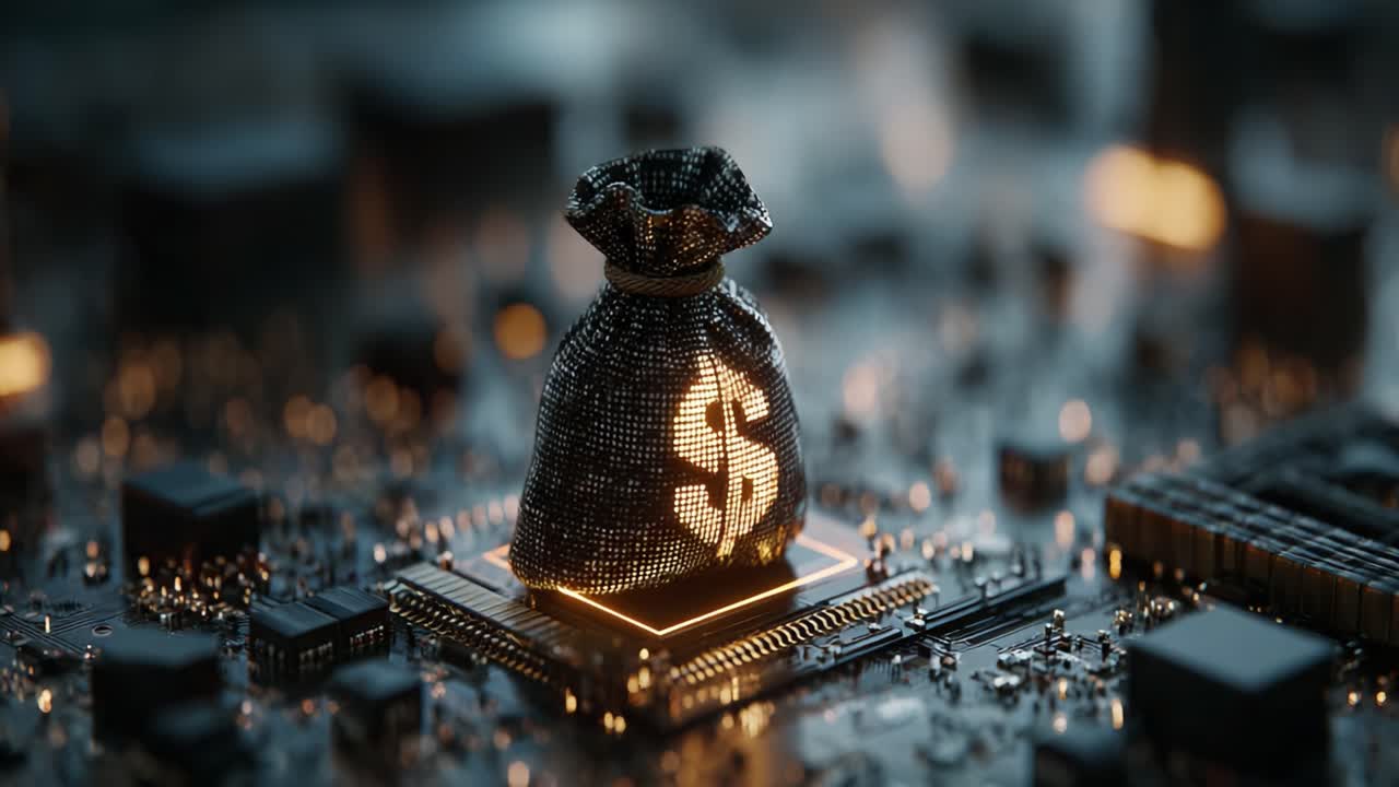 Illuminated Money Bag on Circuit Board Representing Digital Finance and Investment Potential, Showcasing a Fusion of Technology and Wealth Growth