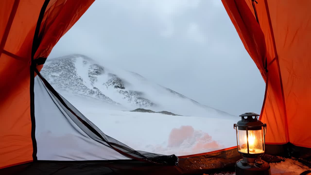 View from a tent in the snowy mountains