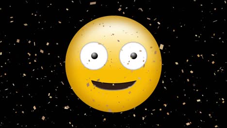 digital animation of golden confetti falling over silly face emoji against black background