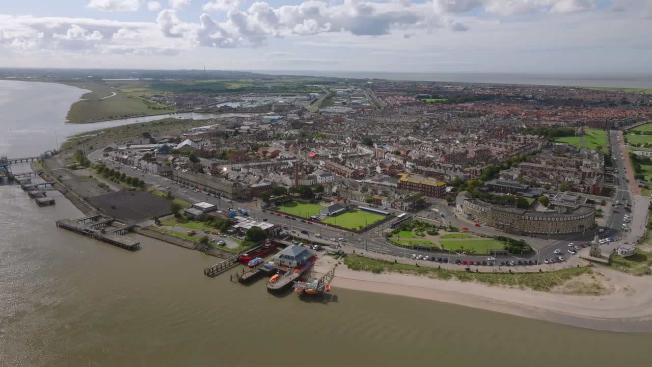Peninsula End With Fleetwood Town And North Euston Hotel, Derelict Docklands And Lifeboat Station Next To The River Wyre. Lancashire, UK