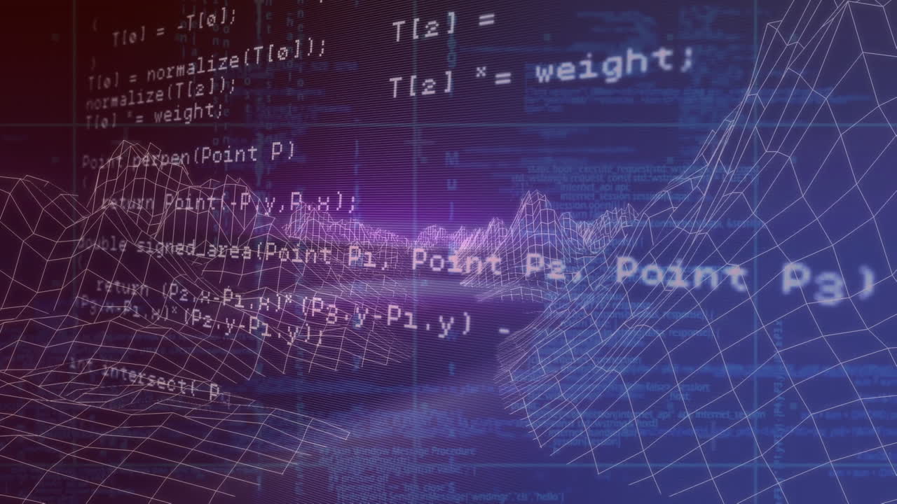 Animation of data processing over violet background with metaverse landscape