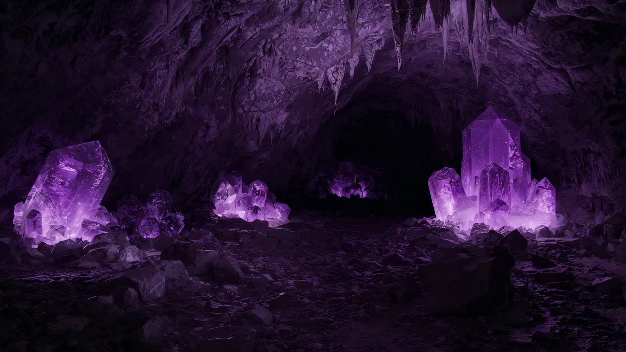 Opening shot showing pulsing purple clusters lighting cavern, revealing stalactites, tunnel