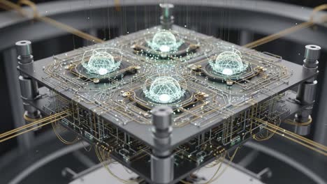 a close-up view of an advanced quantum computing processor showcasing its complex circuitry and light emission from quantum states in sleek design