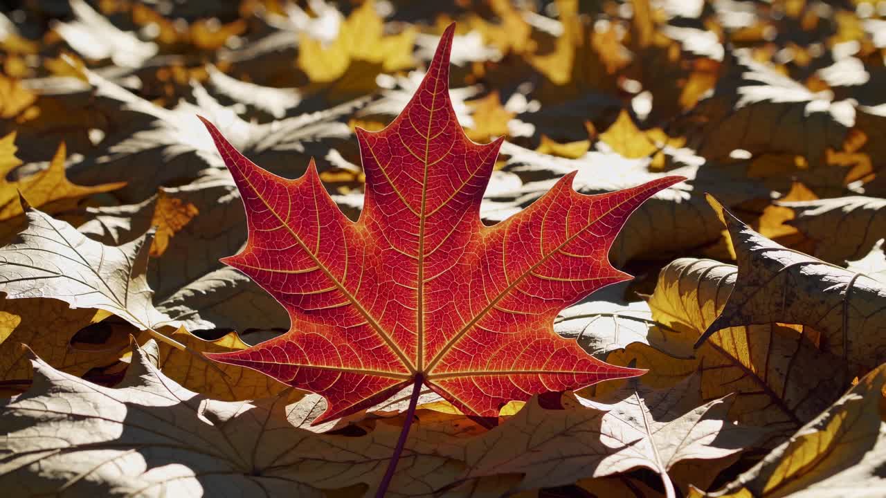 Close-up video of a vibrant red maple leaf on a bed of yellow leaves