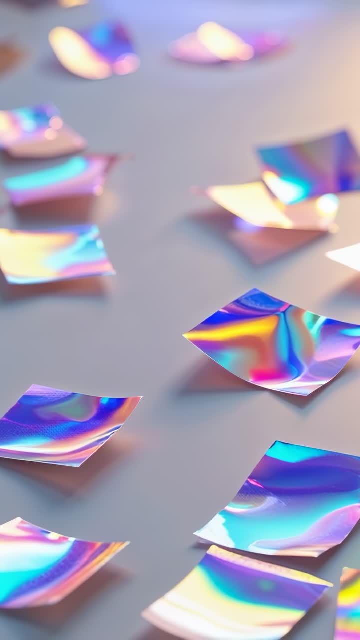 Vertical video: Tilting holographic foil squares on studio desk by breeze, revealing rainbow hues