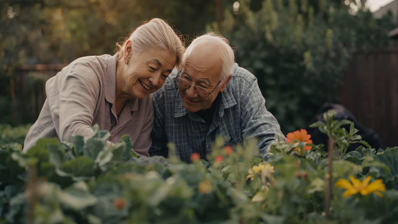 Sunlight casting glow encouraging senior couple tending raised flower bed in garden, wearing gloves