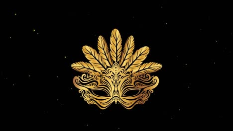 animation of gold masquerade mask with feathers over white stars moving on black background