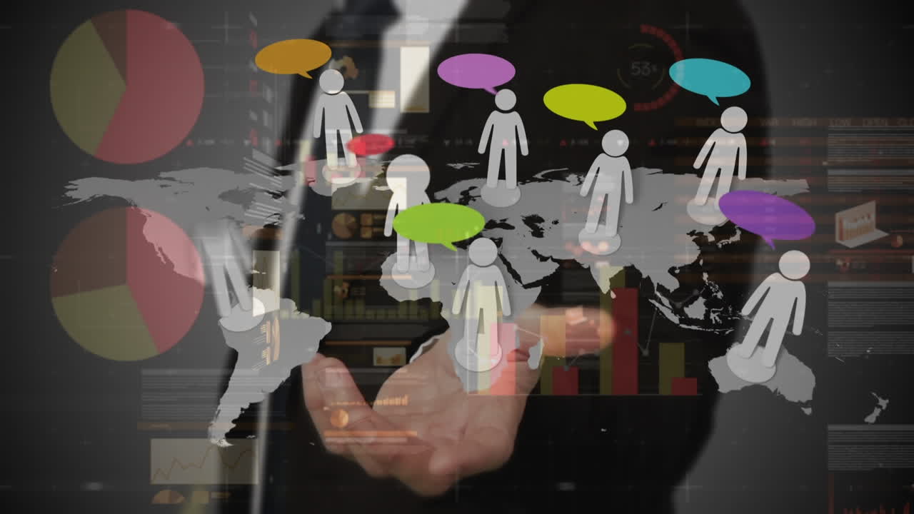 animación de texto de gestión de negocios sobre empresario con iconos de personas y procesamiento de datos