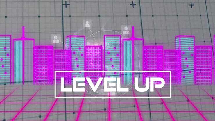 Animazione di testo 'level up' su paesaggio urbano digitale e globo