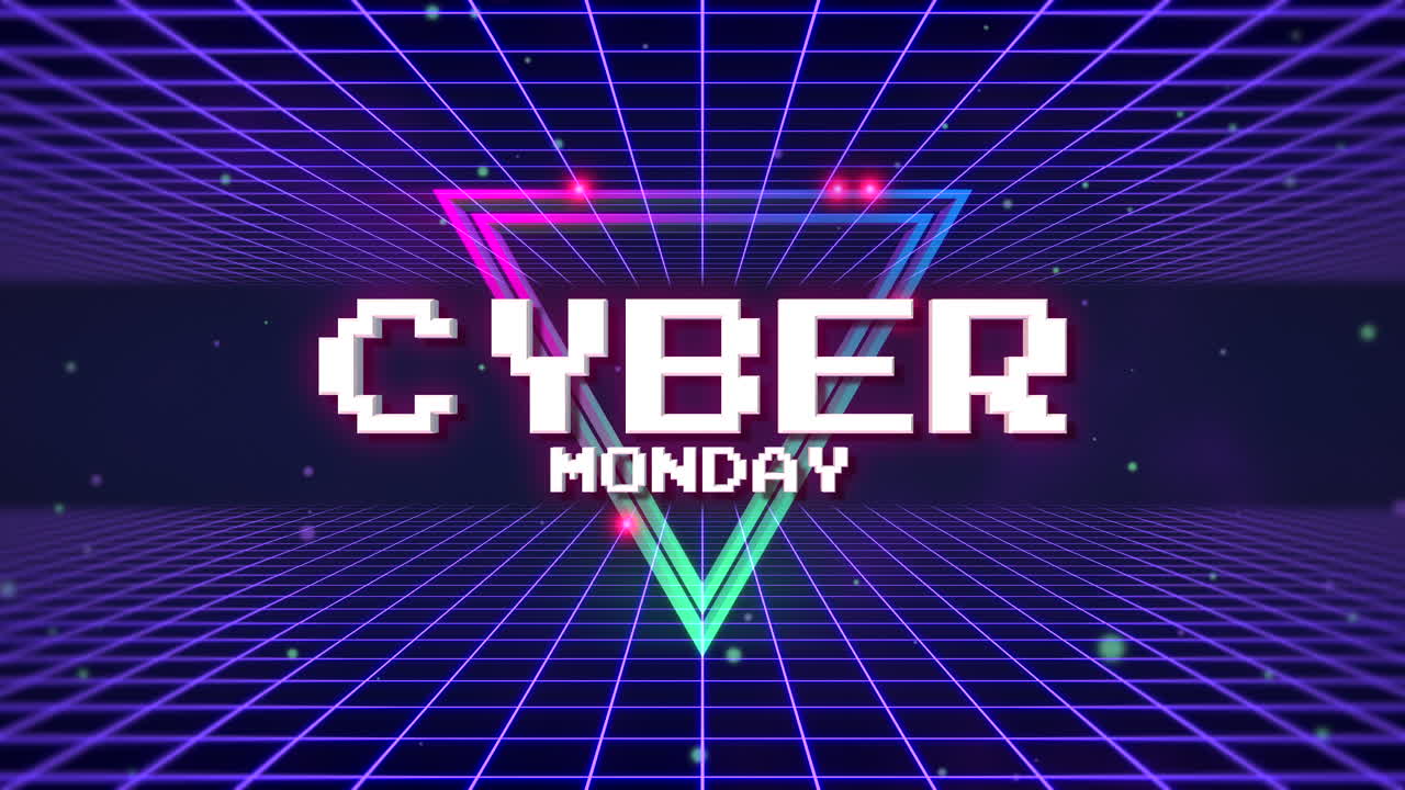 Cyber Monday con griglia viola e triangolo in galassia in stile videogioco