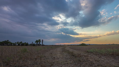 cautivador paisaje de granja timelapse: nubes deslizándose sobre una hermosa tierra de cultivo, pintando sombras en el paisaje sereno, en medio de una majestuosa puesta de sol