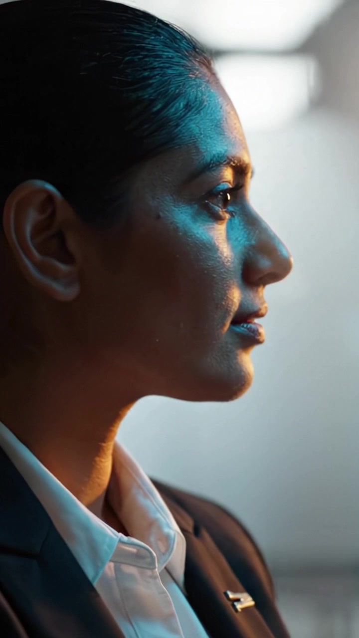 Elegant Profile of a Businesswoman: Capturing the Intense Focus and Determination in Her Expression in Two Frames of Light and Shadow.