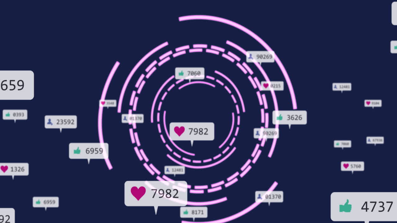소셜 미디어 아이콘의 애니메이션과 파란색 배경에 회전하는 둥근 스캐너