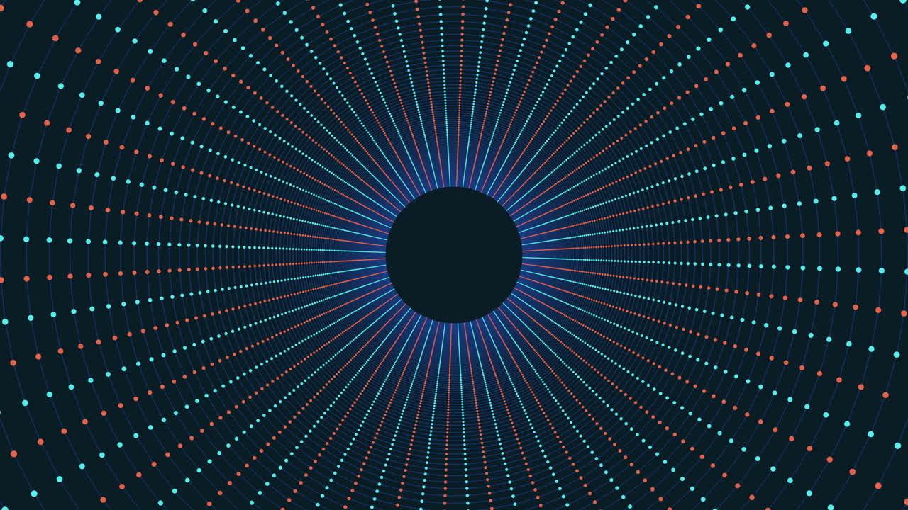 patrón circular de puntos azules y naranjas sobre fondo negro