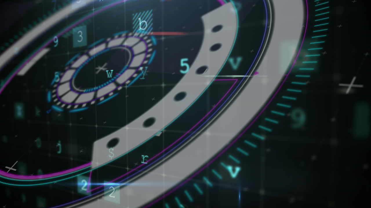 Cyber security concept texts and data processing against round scanner on black background