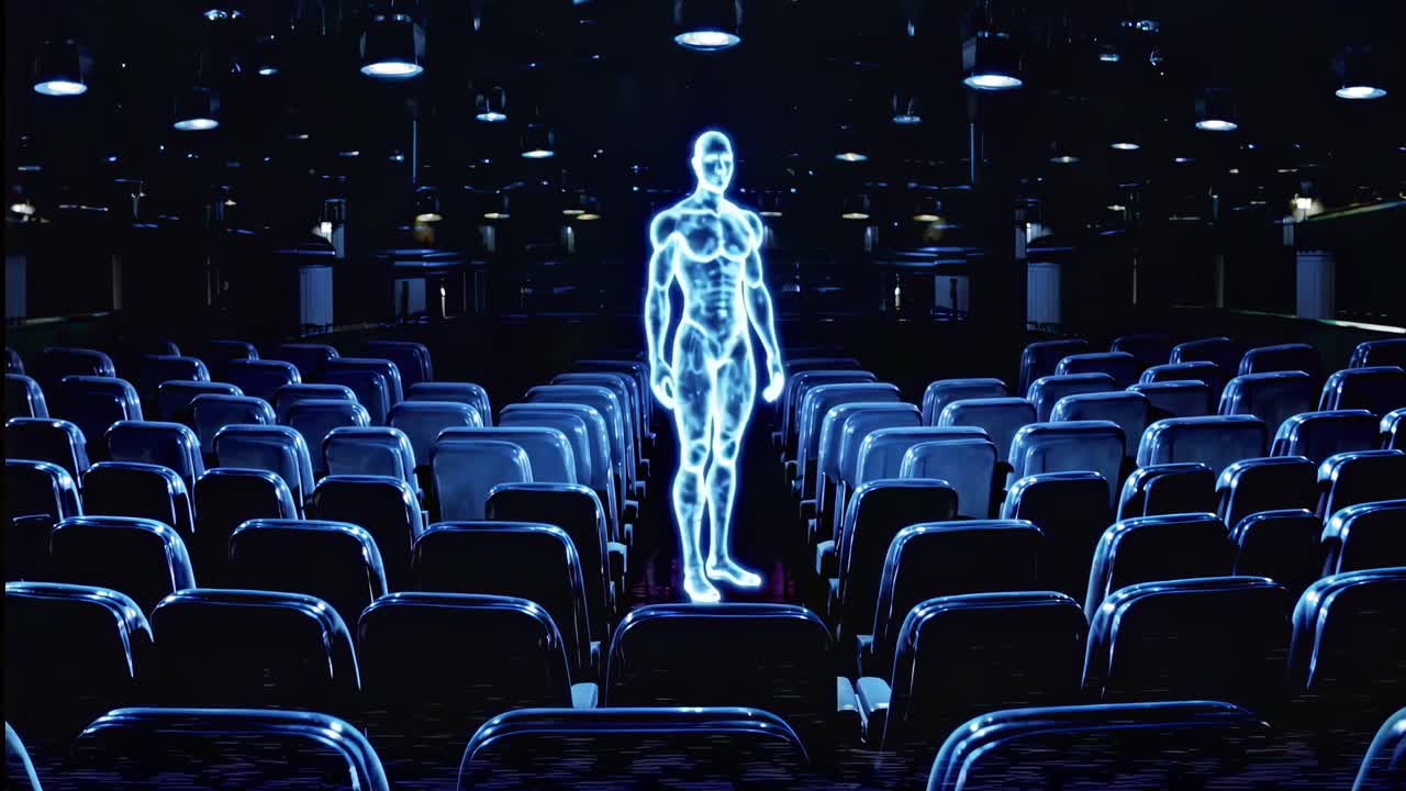 Glowing blue hologram of a man standing in a dark, empty movie theater, possibly symbolizing the future of entertainment or the loneliness of modern life