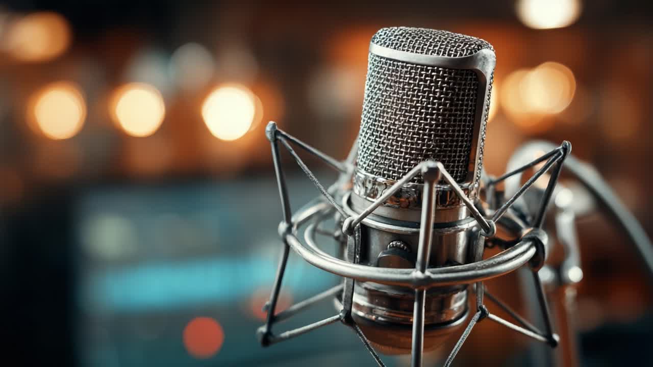 Close-Up of a Vintage Microphone with Beautiful Bokeh Background, Perfectly Capturing the Essence of Audio Recording and Music Production