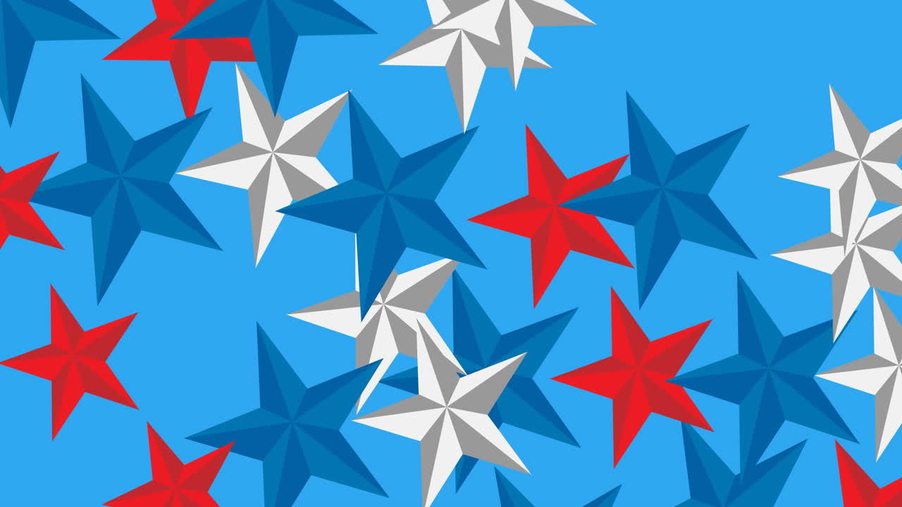 Animation of white, blue and red stars of american flag on blue background
