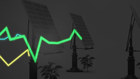 green line graph animation over solar panels and plants in dark setting