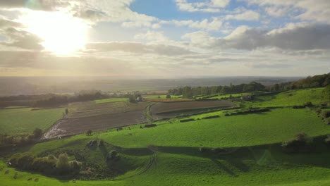 aerial view of meadows and fields in the countryside